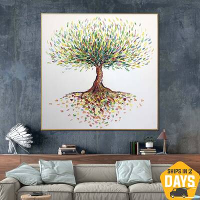 Original Abstract Tree Paintings on Canvas Modern Hand Painted Art Impasto Oil Painting Textured Art | MONEY TREE 32"x32...