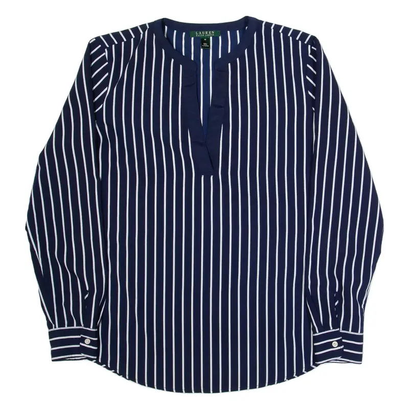 LAUREN RALPH LAUREN Womens Printed Shirt Blue V-Neck Long Sleeve Striped M