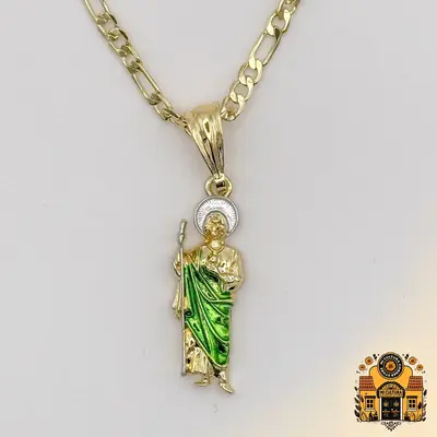 14K Mini Gold Plated St. Jude Necklace with Green Robe and Silver Halo 1 in - Cuban Link Chain San Judas Pendant / Mini Colla...