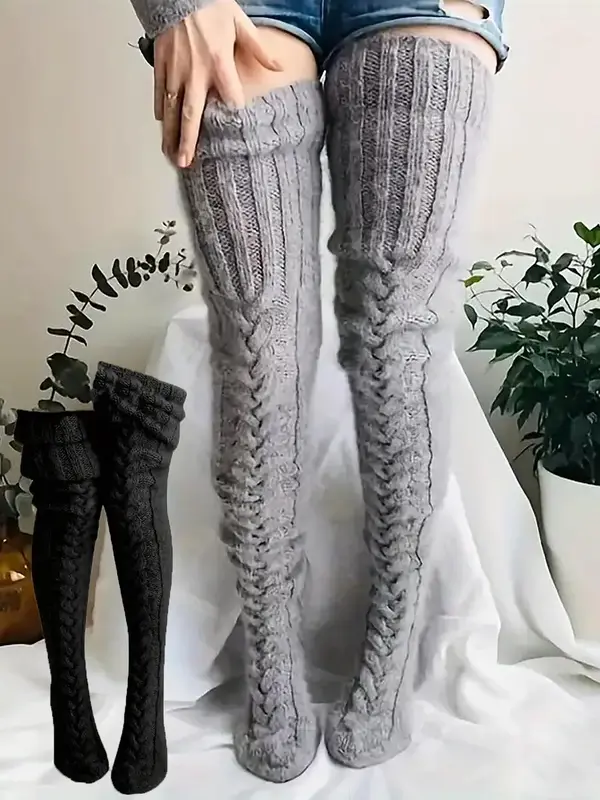 Women's Solid Textured Over The Knee Socks, Casual Warm Comfy Thigh High Socks for Fall & Winter, Women's Socks for Daily Wea...