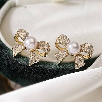 Brass Micro Pave Clear Cubic Zirconia Stud Earrings for Women