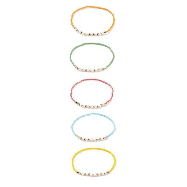Natural Pearl & Glass Seed & Brass Beaded Stretch Bracelet for Women