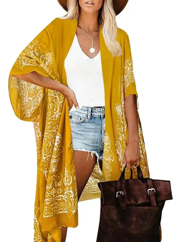 Women's Ethnic Pattern Batwing Sleeve Kimono, Casual Three Quarter Length Sleeve Split Hem Kimono, Ladies Summer Swimwear for...