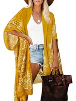 Women's Ethnic Pattern Batwing Sleeve Kimono, Casual Three Quarter Length Sleeve Split Hem Kimono, Beach Cover Up, Ladies Sum...