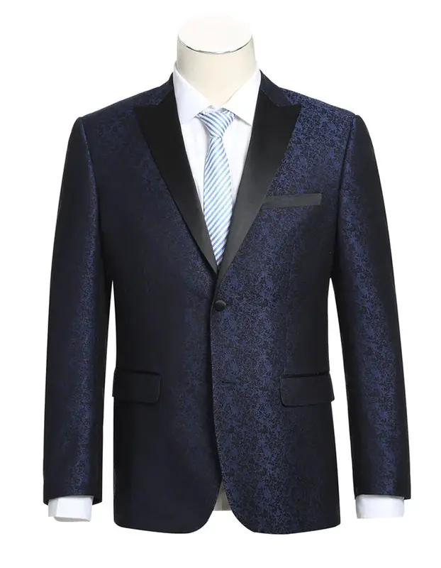 Mens Navy Blue Wedding Tuxedo - Dark Blue Tuxedo Suit Mens 1 Button Satin Peak Lapel Paisley Prom Blazer in Navy Blue