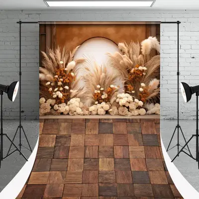 Boho Floral Reed Champagne Wood Floor Sweep Backdrop