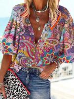 【Plus Size】 All Over Paisley Floral Print Button Front Blouse, Going Out Tops, Boho Bishop Sleeve Notched Neck Graphic...