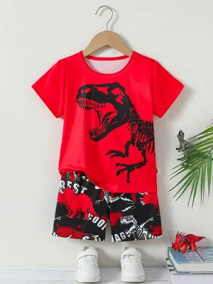 Two-piece Set Toddler Boy's Dinosaur Print Short Sleeve Tee & Shorts, Casual Round Neck T-shirt & Shorts for Daily Wear, Kids...