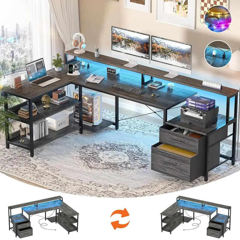 73 Reversible L Shaped Computer Desk with Power Outlet & LED Strip,Gaming Desk with Monitor Stand,Office Desk with File Dra...