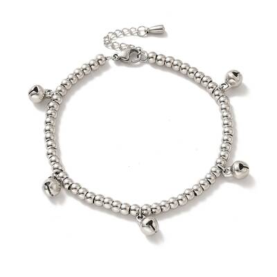 Tarnish Resistant 304 Stainless Steel Bell Charm Bracelet with 201 Stainless Steel Round Beads for Women