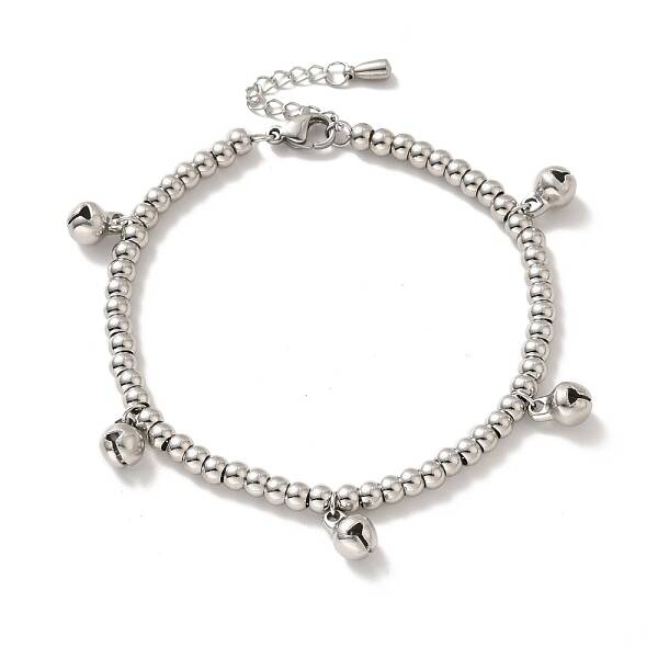Tarnish Resistant 304 Stainless Steel Bell Charm Bracelet with 201 Stainless Steel Round Beads for Women