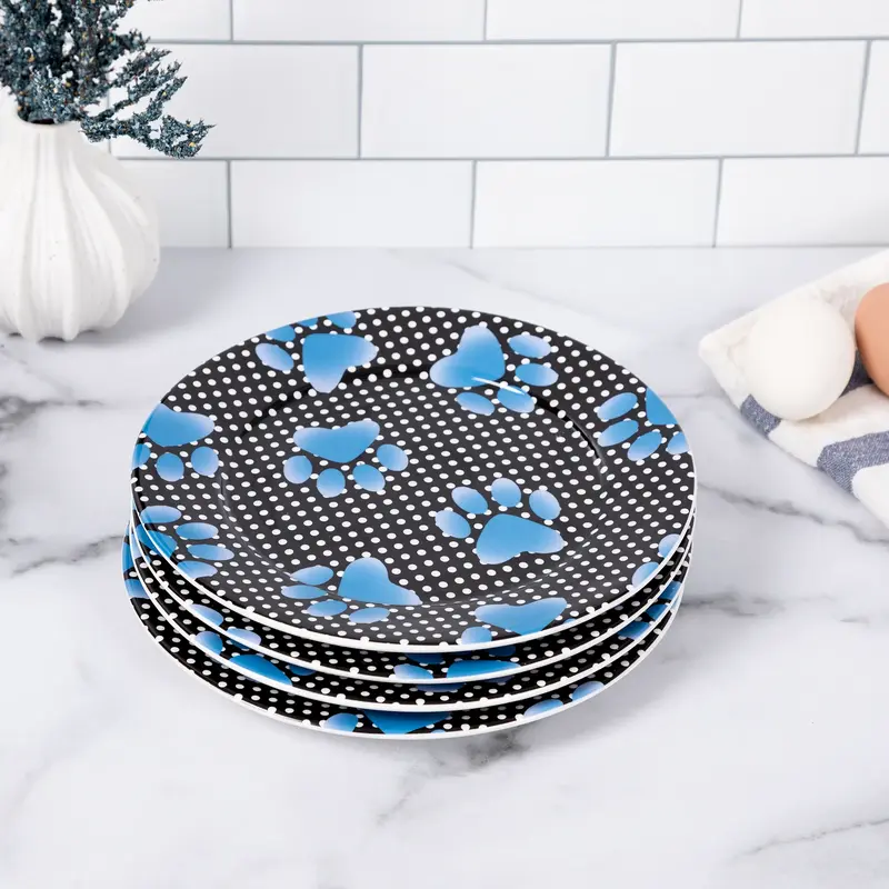Paw Print Salad Plates - Set of 4 - Black Paw Prints