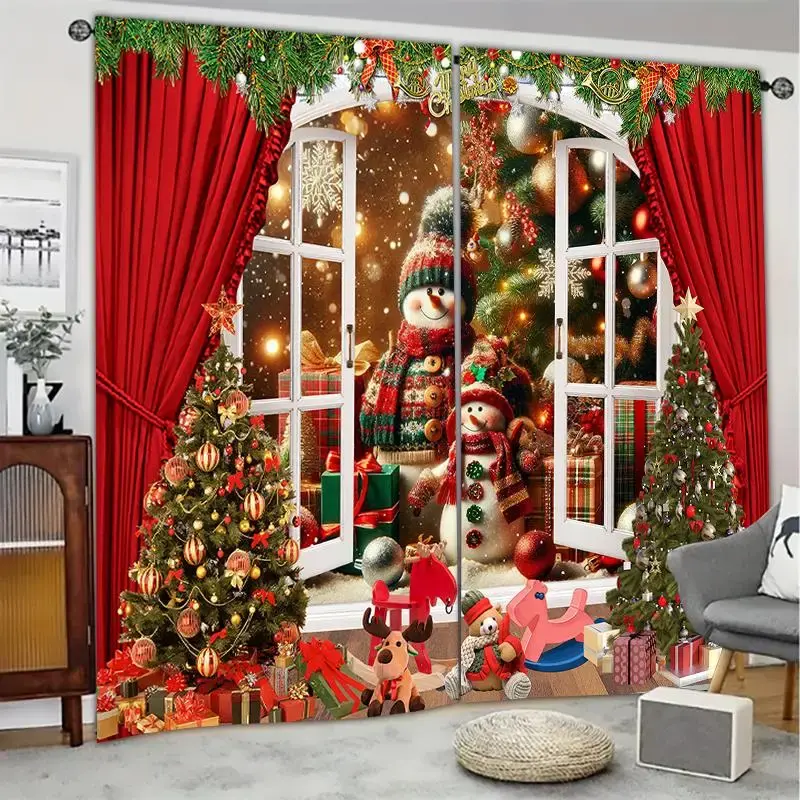 Merry Christmas Themed Curtain, 2 Counts/set Semi Blackout Curtain, Window Curtain for Home Living Room Bedroom Office Decor