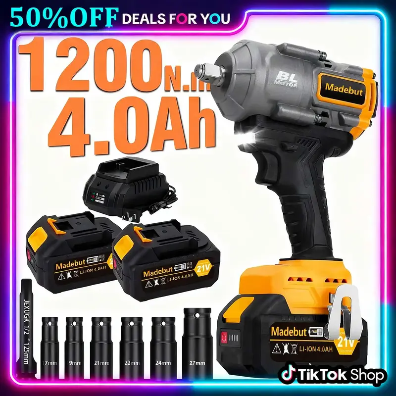 Madebut 1200N.m Cordless Impact Wrench 885Ft-lbs 1/2 inch Electric Impact Gun High Torque Brushless Motor 2x 4.0Ah Batteries ...