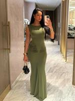 Women's Plain Ruched Round Neck Bodycon Dress, Elegant Sleeveless Maxi Mermaid Dress for Party Club Dating Wear, Ladies Summe...