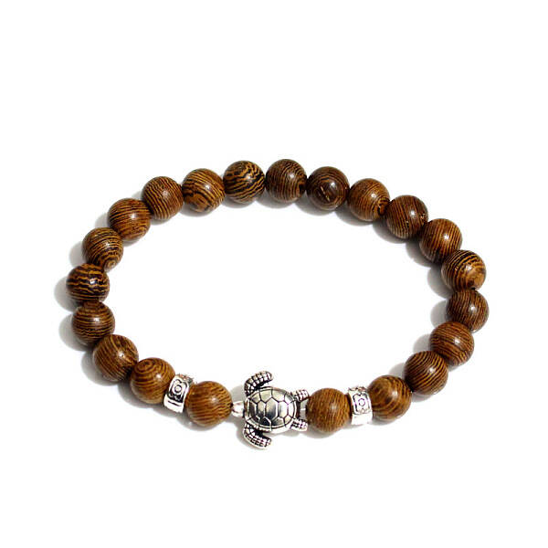 Natural Wood Lace Stone Round Beaded Stretch Bracelet with Turtle