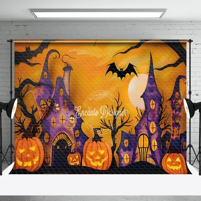 Aperturee Awful Pumpkins Castle Bats Moon Halloween Backdrop - Aperturee