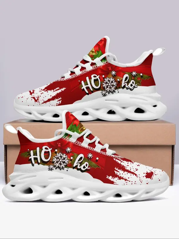 Women's Christmas Pattern Lace Up Low Top Sneakers, Casual Comfortable Breathable Lightweight Sports Shoes, Shock Absorbing R...