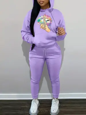 Lovelywholesale Women's Pop Art Print Hoodie & Drawstring Waist Joggers Pants Matching Sets, Co Ords for Women, Graphic Long ...