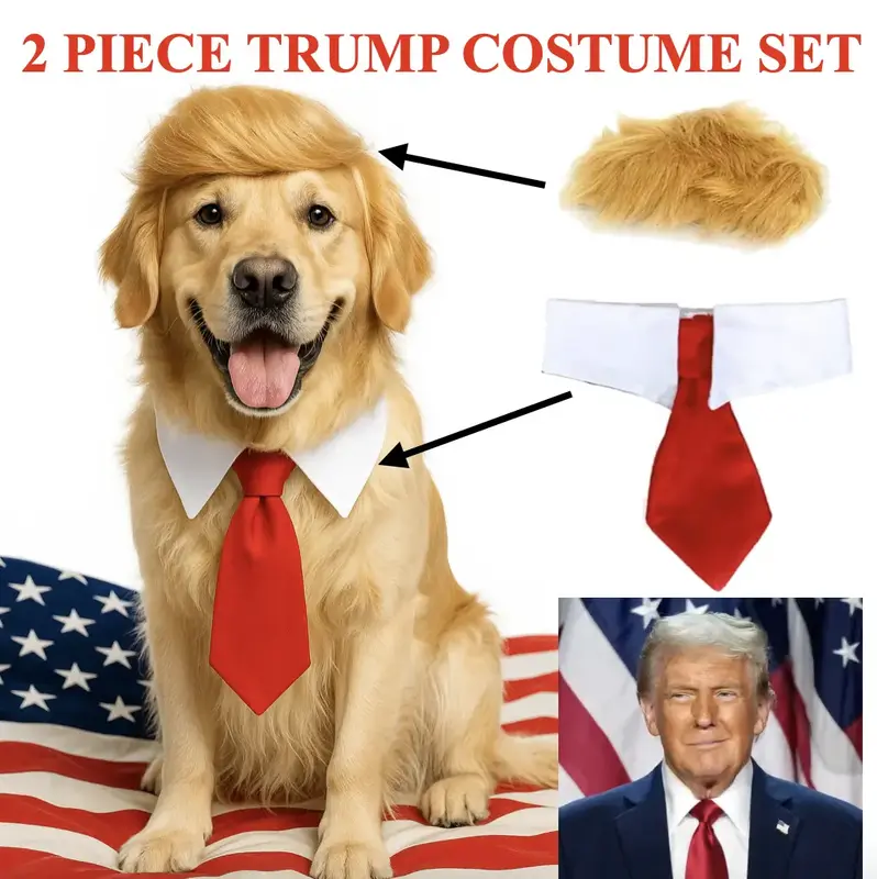 Trump Dog Costume Set - 2 Piece Hilarious Halloween Costume for Cats & Dogs with Red Tie & Blonde Wig - Easy On/Off Design fo...