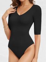 Women's Plain V Neck Half Sleeve Bodysuit, Casual Solid Color Tight-fitting Bodysuit for Daily Wear, Ladies Clothes for All S...