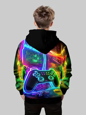 Boys' Fashion 3D Print Hoodie Sweatshirt, Casual Long Sleeve Pullover with Pockets, Stretch Polyester Blend, Ideal for Daily ...