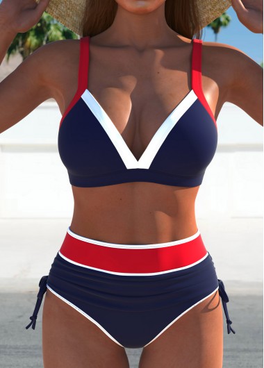 Modlily Contrast Binding High Waisted Navy Bikini Set - S