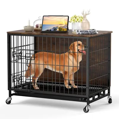 Garvee Dog Crate Furniture, Heavy-Duty Double-Doors Dog Cage End Table with Removable Tray and Wheels, 38.6 Wooden Dog Kenn...