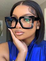 Black Women Cute Large Square Frames Sunglasses, Trendy Casual Tinted Lens Eyeglass for Everyday Use, Fashion Modern Accessor...