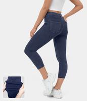 Halara Flex High Waisted Back Side Pocket Stretchy Knit Denim Capri Casual Leggings#Springtok Blue Cotton
