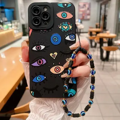 Abstract Eye Pattern Phone Case With Beaded Chain, 1 Count Decorative Phone Protective Cover Compatible With iPhone 11 12 13 ...