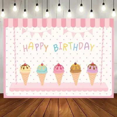 Sweet Pink Icecream Shop Dots Happy Birthday Backdrop