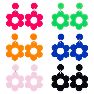 6 Pairs 6 Colors Flower Acrylic Dangle Stud Earrings with Steel Iron Pins for Women