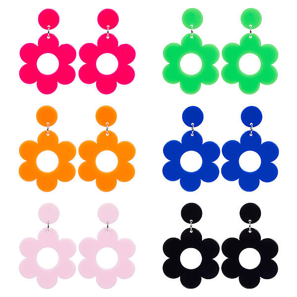 6 Pairs 6 Colors Flower Acrylic Dangle Stud Earrings with Steel Iron Pins for Women