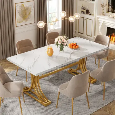 Tribesigns 63-Inch Rectangular Dining Table for 4 to 6, Modern Kitchen Table with Stylish Metal Trestle Legs, Large Dinner Ta...