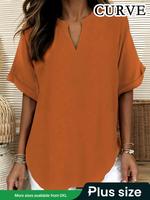 【Plus Size】 Solid Color Notched Neck Blouse, Casual Short Sleeve Top for Summer, Women's Clothing for Daily Wear