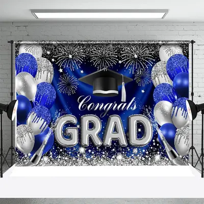 Blue Silver Balloons Sparkle Backdrop For Graduation - Aperturee