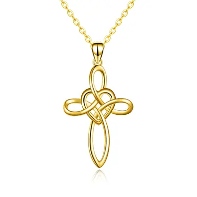 14K Gold Cross Knot & Heart Pendant Necklace