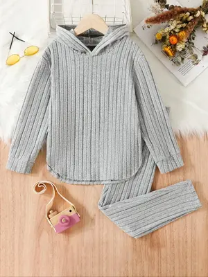 Two-Piece Set Girl's Solid Textured Hoodie & Elastic Waist Sweatpants Set, Casual Hooded Sweatshirt & Pants for Fall & Winter...