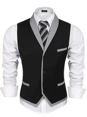 Buttons V-neck Suit Vest (US Only), Black / M