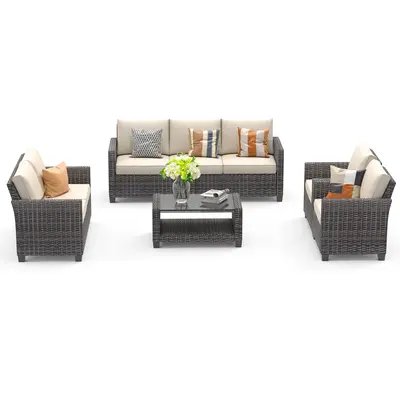 Garvee 5pc Outdoor Rattan Patio Furniture Set - Sectional 3-Seat Sofa, 2-Seat Sofa, 2 Single Sofas & Table - All-Weather Conv...