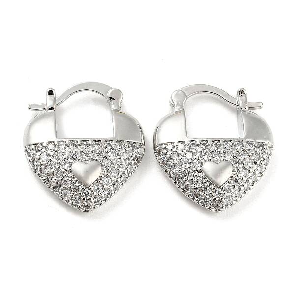 Heart Shape Brass Micro Pave Clear Cubic Zirconia Thick Hoop Earrings