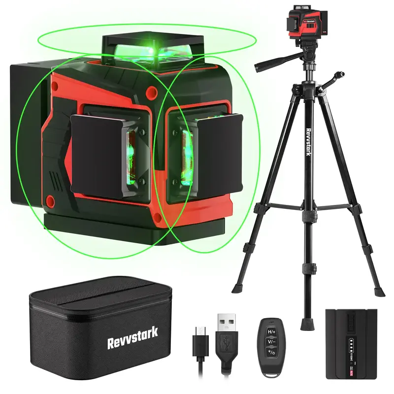 Laser Level with Tripod, 3x360° Green Line Laser Tool with Self-Leveling & Manuel Dual Models, Remote Control, Rechargeable ...