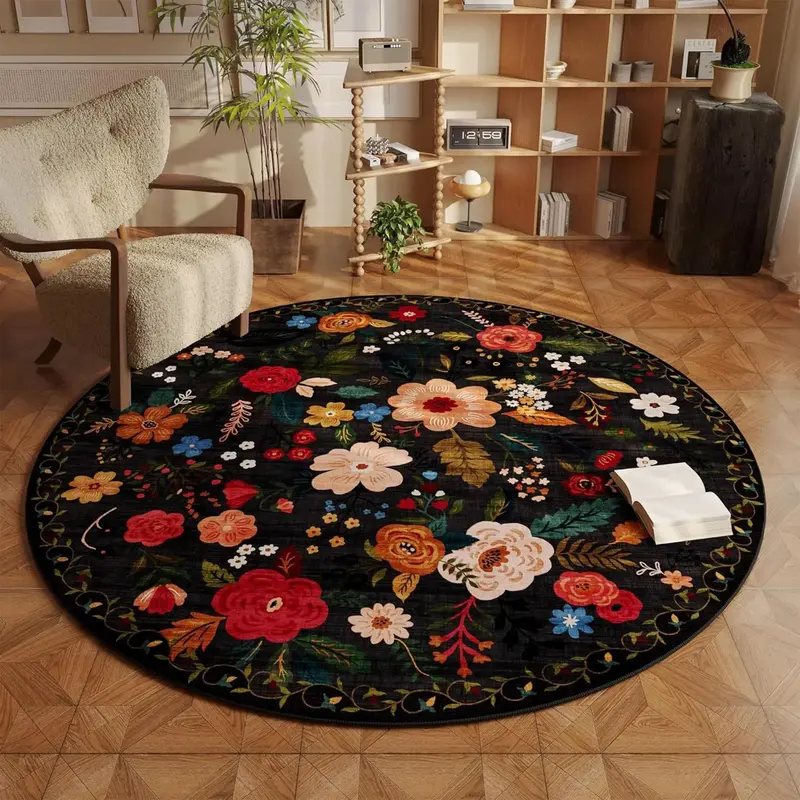 Round Floral Pattern Area Rug, 1 Count Non-slip Soft Foldable Floor Mat, Decorative Carpet for Home Living Room Bedroom Study...
