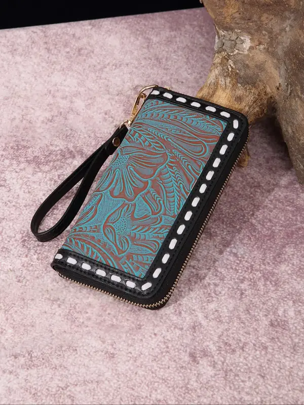 Women's Summer 2025 Fashion Vintage Pu Leather Long Wallet, Casual Zipper Random Plants Print Wristlet Wallet for Daily Use, ...