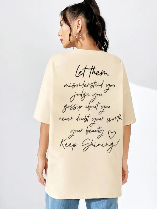 Women's Letter & Heart Print Round Neck Graphic Tee, Trendy Casual Half Sleeve T-shirt for Daily Wear, Ladies Summer Top