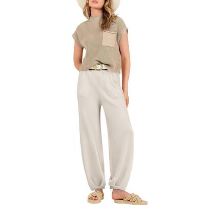 ANRABESS Women's Two Piece Outfits Knit Sweater Vest Crop Top Pants Lounge Matching Tracksuit Comfortable Sweatsuit Trav