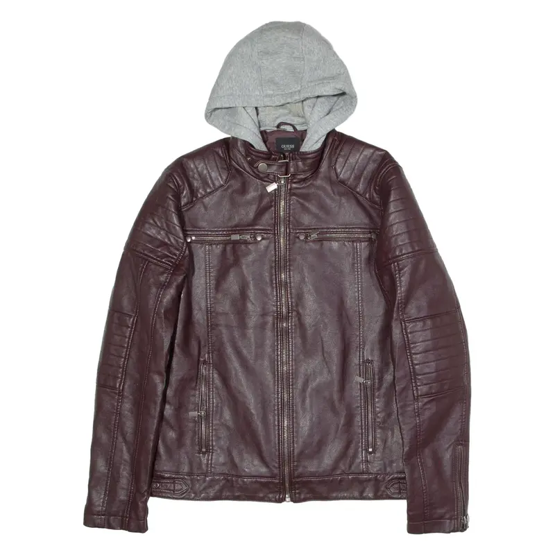 GUESS Mens Biker Jacket Maroon Leather Faux Leather Hooded M