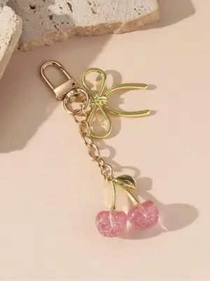 Cute Cherry & Bow Decor Keychain, Gifts for Her, Fashionable Minimalist Aesthetic Keychain for Women & Girls, Trendy All-matc...