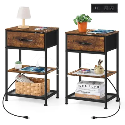 Night Stand Set 2 with Charging Station Small Bedside Tables with Storage Shelf Tall Nightstand with Drawers Side Bed Table f...